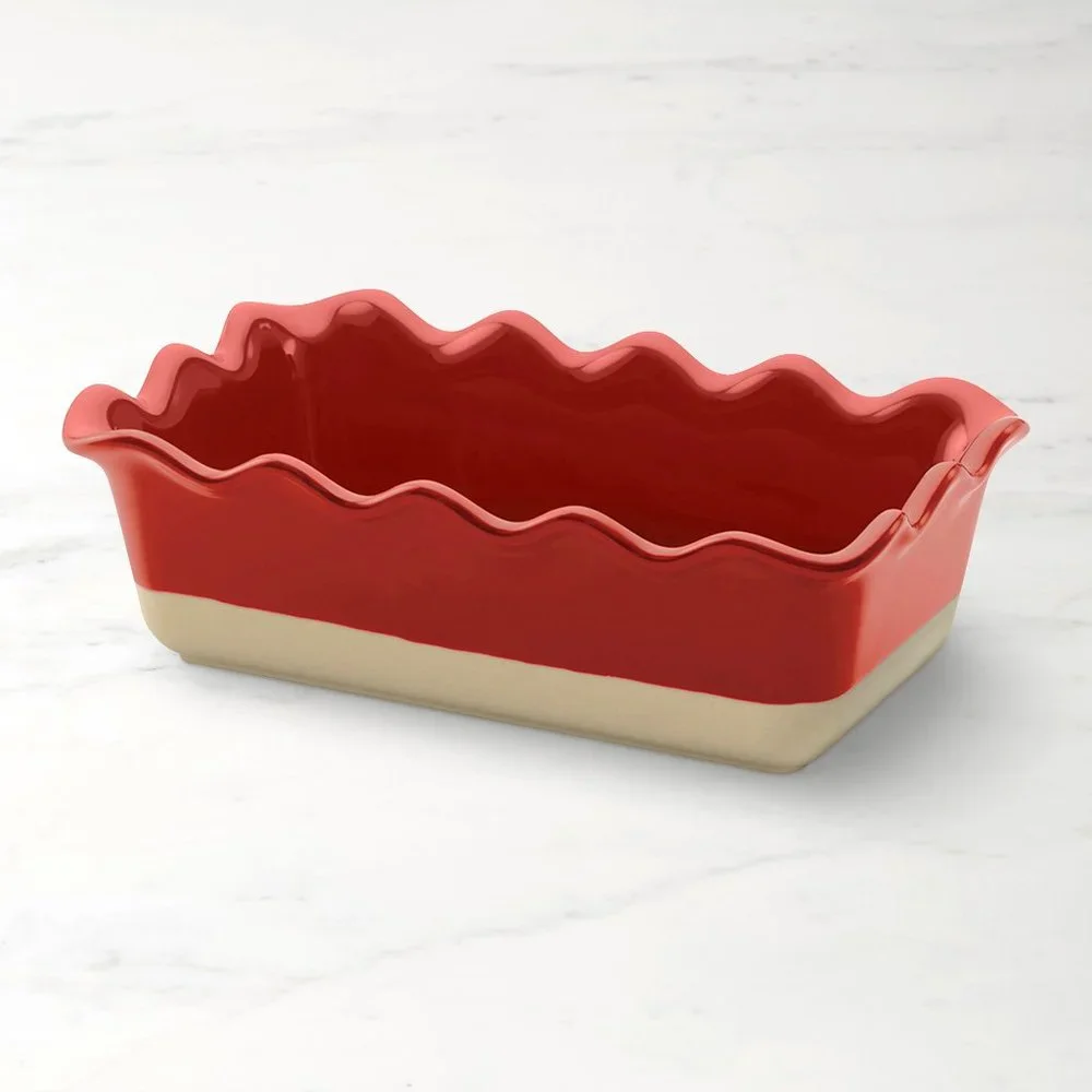 Emile Henry France Vintage Ceramic Ruffled Small Baking Loaf Pan in Burgundy